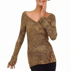 NORMA KAMALI Brown Yellow Leopard Print Scoop Neck Jersey Stretch Shirt Small